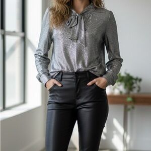 LOFT‎ Metallic Silver Tie-Neck Blouse